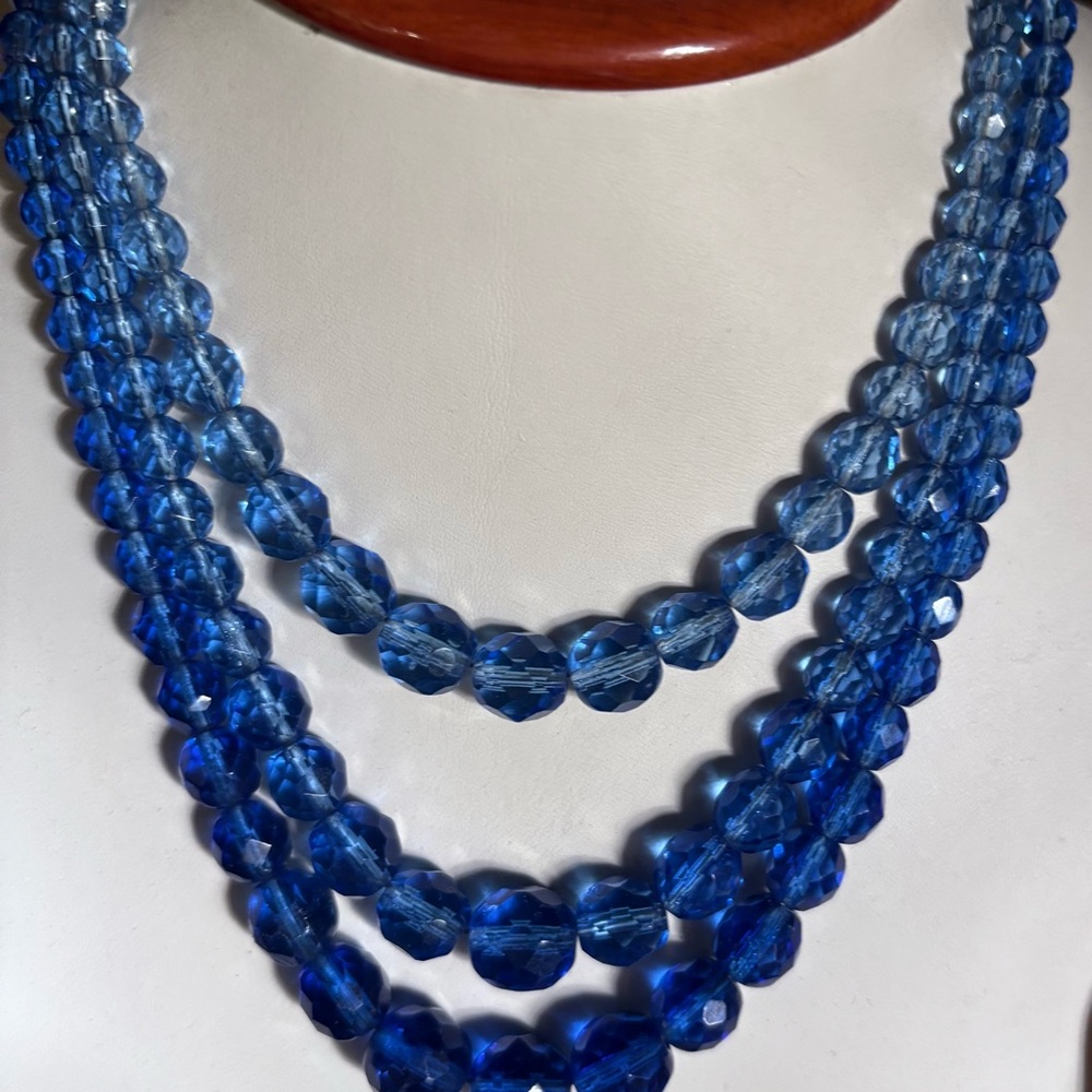 3 Layer Cobalt to Lighter Blue Czech Crystal Bead Graduated Faceted Necklace